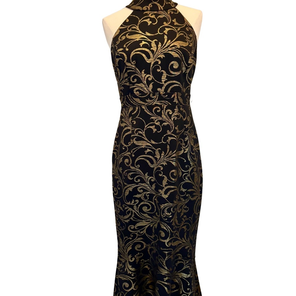 Black and Metallic Gold Hi-Lo Hem Halter Formal Dress, Size 6 NWT